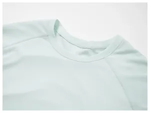 Close-up detail of the neckline and raglan sleeve on men's quick-dry sports t-shirt