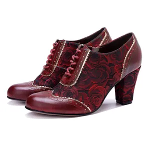 Talons Hauts Vintage pour Femmes Style Palais Français en Cuir Véritable Escarpins Élégants Brogue Jacquard Floral à Lacets