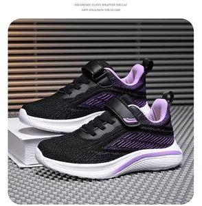 Purple and black breathable mesh girls' running shoes with ergonomic wrapped toe cap
