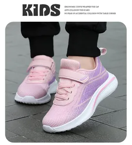 Detail view of pink mesh breathable girls' running shoes with anti-collision toe
