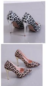 Detailed macro view of leopard print stiletto pumps with silver and gold heels