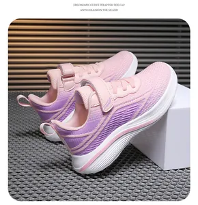 Detail side view of breathable pink and purple mesh running shoes for active girls.