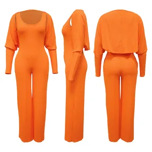 Lebhafter orangefarbener, gerippter, ärmelloser Jumpsuit mit passendem Langarm-Bolero