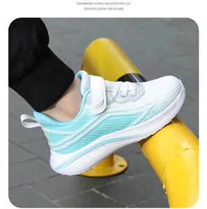 Close-up of breathable mesh girls' running shoes with ergonomic toe cap features