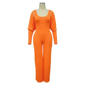 Orangefarbenes, geripptes Jumpsuit-Set mit passendem Langarm-Bolero-Jäckchen