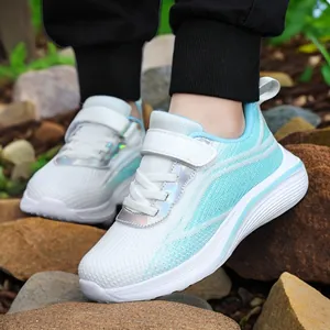 Girls Running Shoes Breathable Mesh Sneakers For 6-12 Years Old Kids Hook-and-Loop Sporty Casual Walking Shoes White Green Black Pink