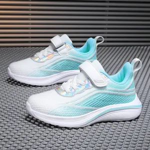 Breathable mesh girls' sports sneakers in white and turquoise with iridescent accents