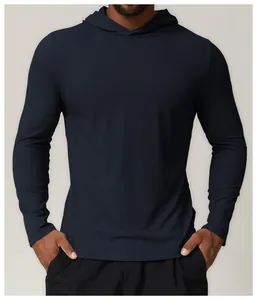Athletic fit men's navy blue quick-dry long-sleeve hooded T-shirt for running and gym