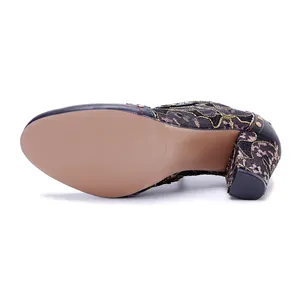 Detail view showing the sole and heel of vintage handmade leather heels with rivets.