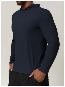 Men's navy blue quick-dry hooded long sleeve t-shirt for fitness and outdoor running