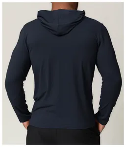 Detail back view of a men's navy blue quick-dry hooded long sleeve fitness t-shirt.
