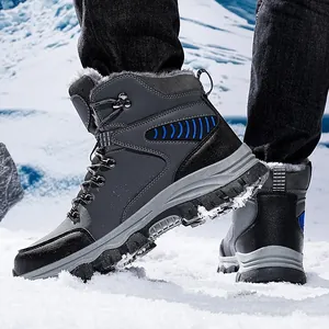 Durable men's outdoor warm snow boots with non-slip soles stepping on fresh snow