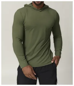Half-body view of a men's olive green quick-dry hooded athletic shirt