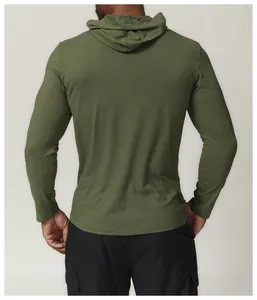 Back view of men's olive green quick-dry hooded sports long sleeve shirt for workout