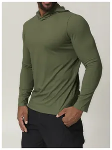 Close-up of professional olive green quick-dry hooded athletic shirt for men showing slim fit
