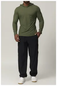 Detail showing an olive green hooded long-sleeved quick-dry shirt for men's sports activity