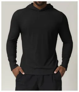 Close-up front view of a men's black quick-dry hooded long-sleeved sports performance shirt.