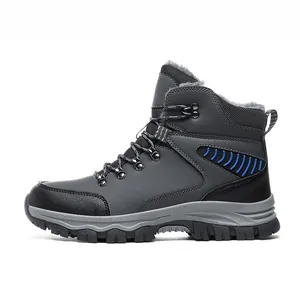 Professional men's winter outdoor hiking boots with warm faux fur lining in dark grey
