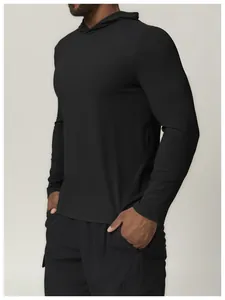 Detailed side view of black men's athletic hooded quick-dry long-sleeve sports shirt