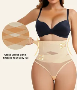 Detail showing cross elastic band for belly fat smoothing on high waist shapewear thong