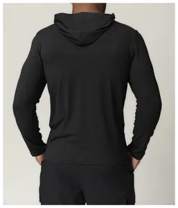 Close-up back view of a men's black quick-dry hooded long-sleeve athletic running shirt
