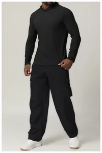 Front view of black quick-dry long sleeve hooded sports pullover for men