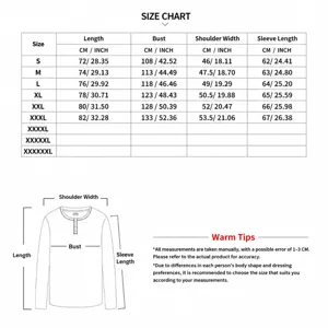 Detailed size guide for men's long sleeve slim fit cotton shirt in cm and inches