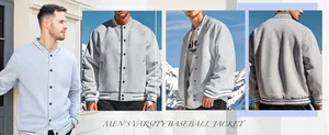 Vues multi-angles détaillées d'une veste de baseball vintage grise pour les hommes.