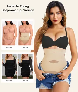 High waist cross-over shapewear thong detail showing before and after slimming effect