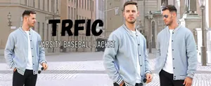 Men's American retro light blue varsity baseball jacket shown in urban street setting