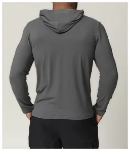 Back view detail of premium men's grey quick-dry hooded long sleeve athletic shirt for running