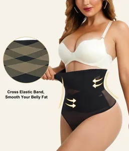 Detail view of cross elastic band on high waist shaping thong for tummy control