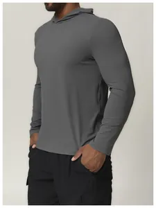Side view of men's grey quick-dry hooded sport top for running and fitness sessions.