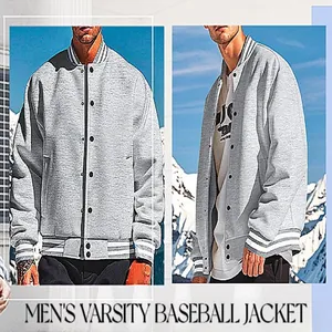 Vue détaillée d'une veste de baseball grise pour hommes sur fond de montagne enneigée
