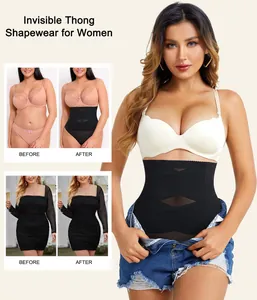 Before and after comparison of women's invisible high waist thong shapewear for tummy control