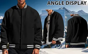 Affichage multi-angles d'une veste de baseball noire vintage sur fond de montagne enneigée.