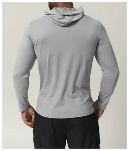 Back view of a grey quick-dry men's hooded performance long sleeve running shirt.