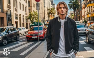 Close-up of a men's black retro varsity baseball jacket worn in an urban city setting