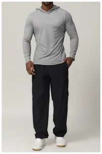 Professional full body view of men's grey quick-dry hooded long-sleeve sports shirt