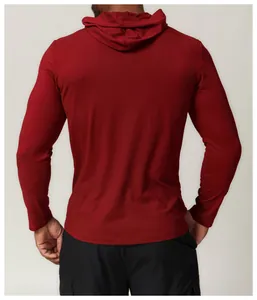 Back view of men's red hooded long sleeve athletic t-shirt with quick-dry fabric fit