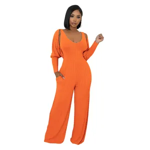 Oranges geripptes Strickset mit ärmellosem Jumpsuit und passendem Langarm-Bolero