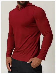 Detail of burgundy hooded long-sleeve athletic shirt for men in quick-dry fabric