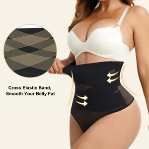 High waist tummy control thong shapewear with cross elastic band for belly smoothing