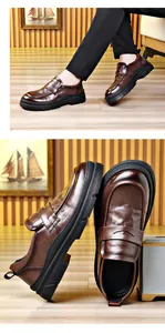 Macro view of premium brown leather men's loafers with durable black rubber soles