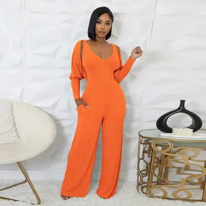 Orangefarbenes, geripptes Jumpsuit-Set mit passendem Langarm-Bolero