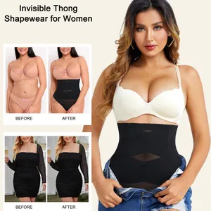 Professional high-waisted invisible thong shapewear for women showing before and after results