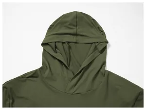 Macro view of the hood and collar construction of a men's olive green quick-dry sports hoodie