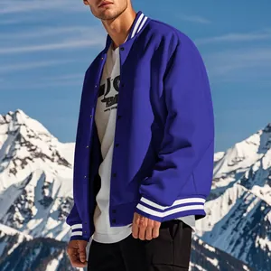 Veste de baseball rétro américaine bleue avec rayures blanches au col et aux poignets