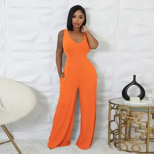 Eleganter orangefarbener gerippter ärmelloser Jumpsuit mit weitem Bein für Damen