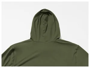 Detail view of the hood and neckline on a men's olive green quick-dry sports hoodie